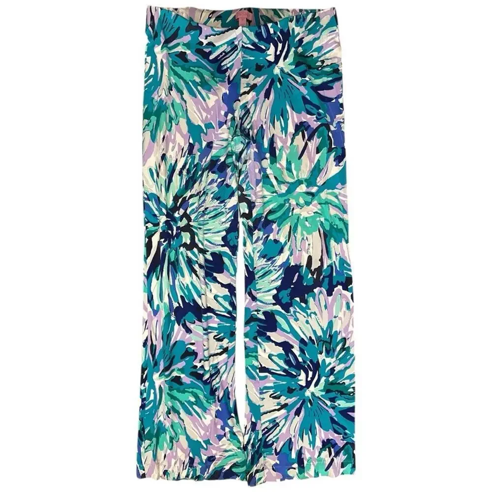 Lilly Pulitzer Women’s M Blue Purple Off Tropic Print Georgie May Palazzo Pants - Picture 2 of 8